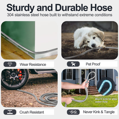 SPECILITE 50ft 304 Stainless Steel Garden Hose, Heavy Duty Flexible Metal Water Pipe with 2 Nozzles for Yard, Outdoor,No Kink and Tangle,Puncture