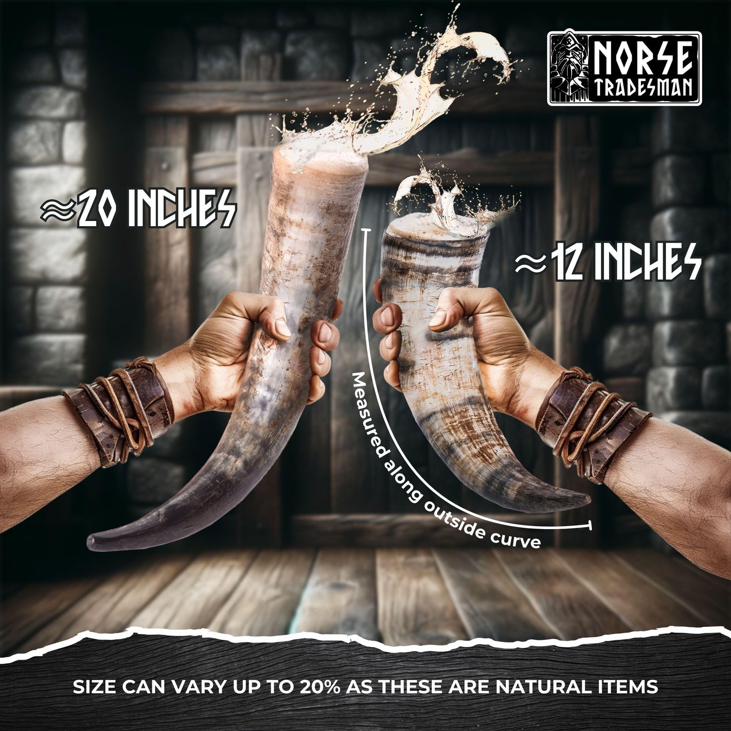 Norse Tradesman Genuine 50 cm Ox-Horn Viking Drinking Horn with Brown Leather Holster, Horn Stand & Brass Wolf Adornments | Burlap Gift Sack Included