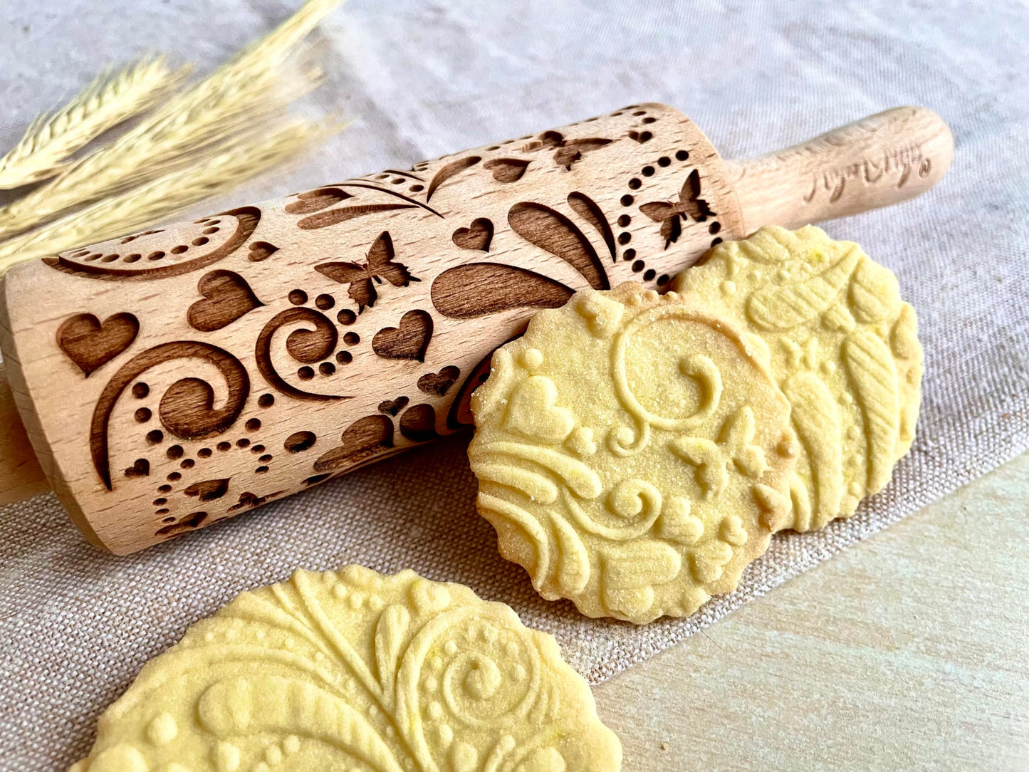 LOVELY DAY 3 KID Rolling Pin SET with HEART, PAISLEY and SPRING patterns. Wooden Laser Cut Mini embossing Rolling Pins for cookies, play dough, salt