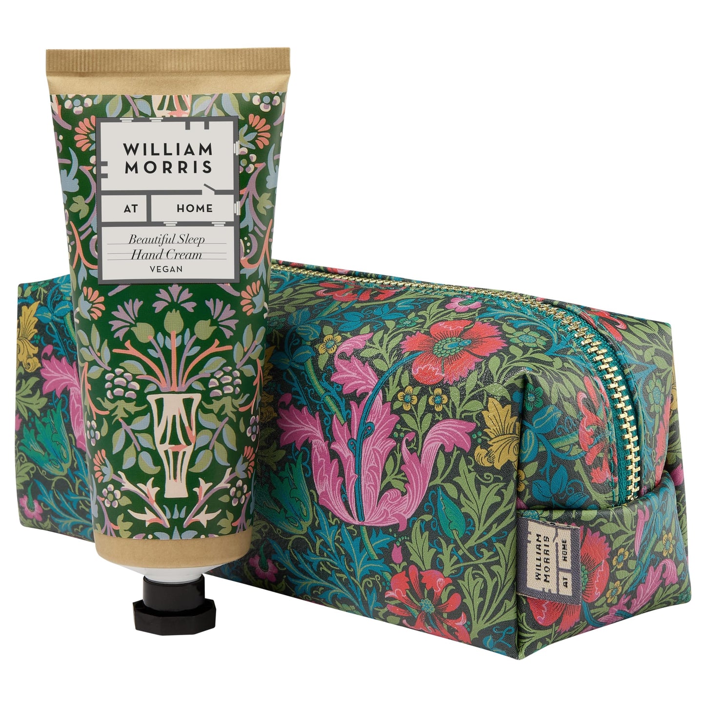 William Morris At Home Hand Cream 100ml and Makeup Bag, Moisturiser, Shea Butter, Magnesium, Travel Size, Toiletry, Cosmetic Wash Bag, Vegan and