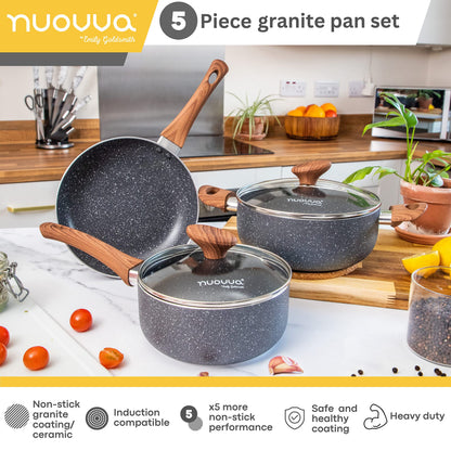 Non Stick Pots and Pans Set  Induction Hob Pots Set  5pcs Kitchen Cookware with Lids  Cooking Marble Saucepan Pots and Frying Pans  by Nuovva