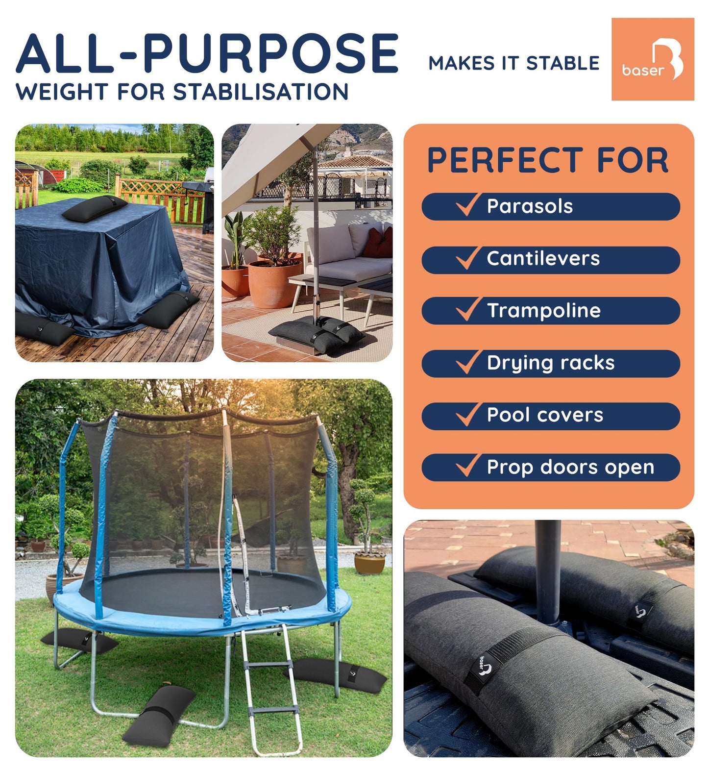 BASER - Outdoor fillable straight sandbags, 2 x 15 KG fillable weight bags for parasols, cantilevers and garden accessories