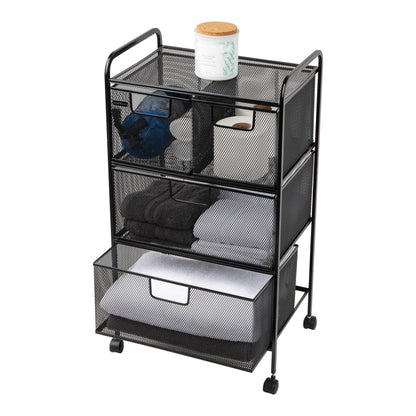 Mind Reader Cart with Drawers, Laundry Organizer, Utility Cart, Bathroom, Kitchen, Metal Mesh, 16"L x 11"W x 29"H, Black