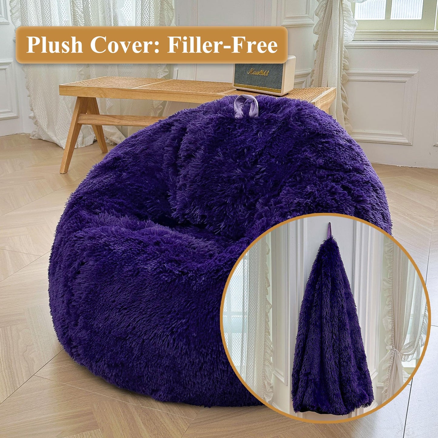 XeGe Fluffy Faux Fur Decorative Bean Bag Chair Cover(No Filler), Purple