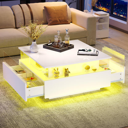 ModernLuxe LED Coffee Table with Storage, Square Acrylic Glass Tea Table, 2 Sliding Drawers, High Gloss White Center Table with Lights, 70x70x41cm
