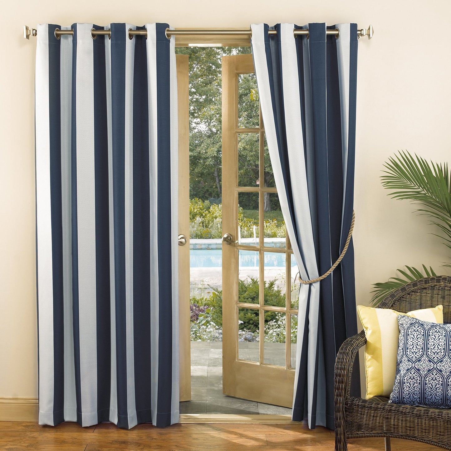 Sun Zero Valencia 2-Pack Cabana Stripe Indoor/Outdoor UV Protectant Energy Efficient Grommet Curtain Panel Pair, 54" x 84", Indigo