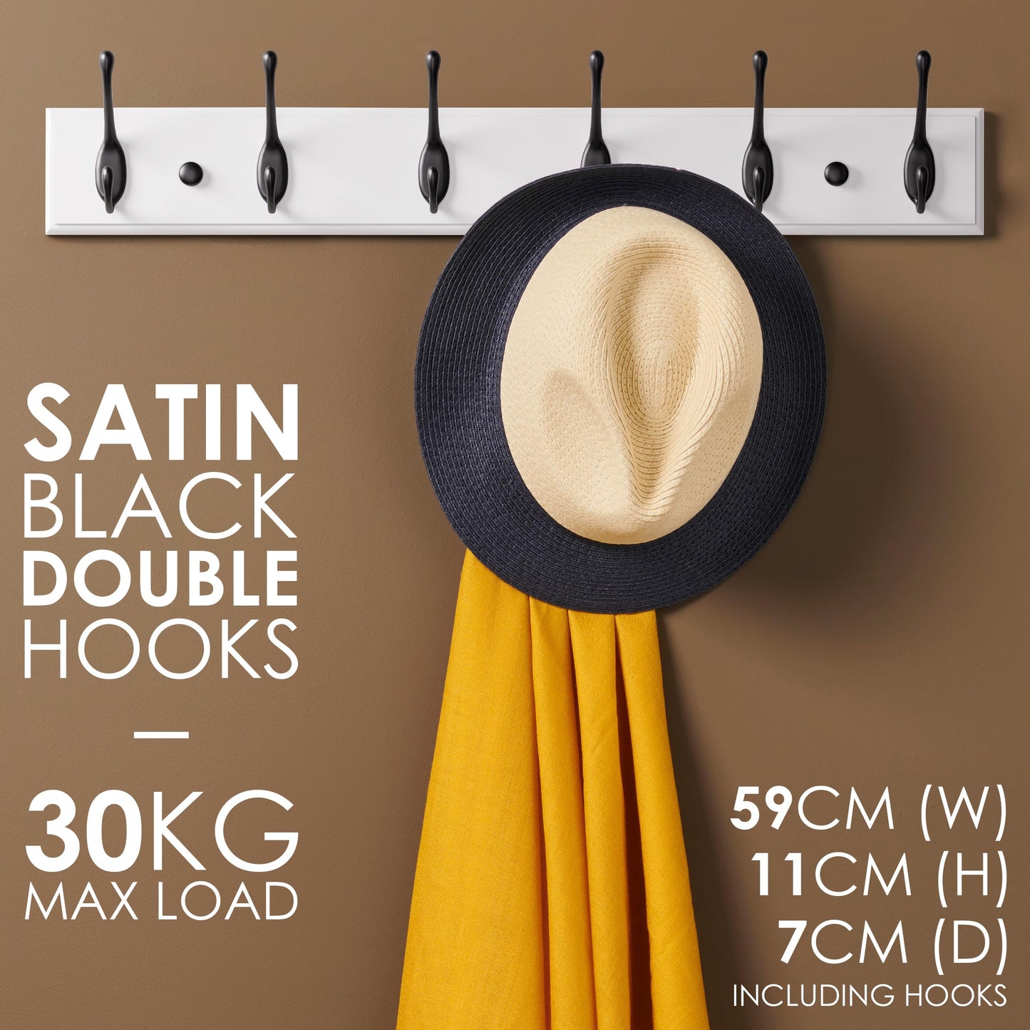 LARHN White Wall-Mounted Coat Rack - 6 Black Coat Hooks, 59cm