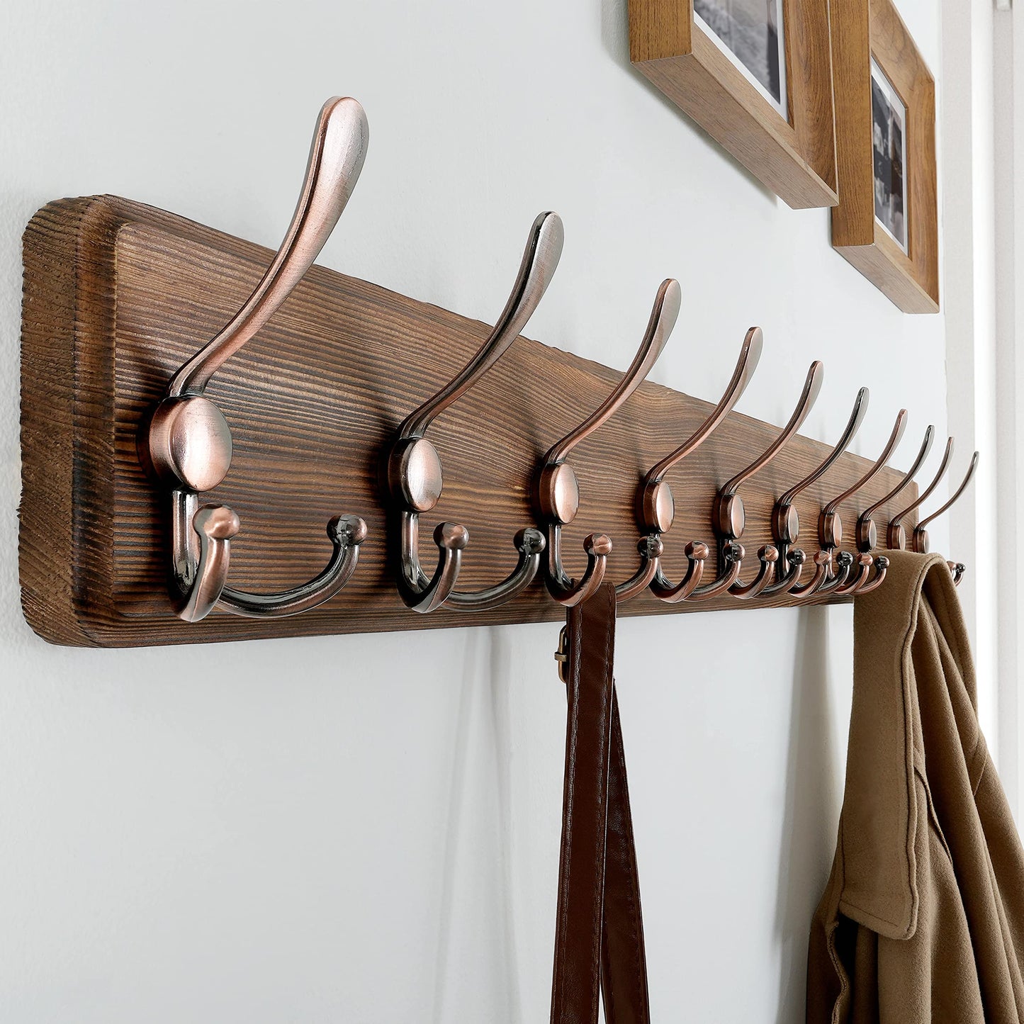 SKOLOO Coat Rack Wall Mounted - 38.3'' Long, Wooden, Heavy Duty, Rustic Coat Hooks for Wall, Wall Coat Rack with 10 Triple Hooks for Hanging Clothes