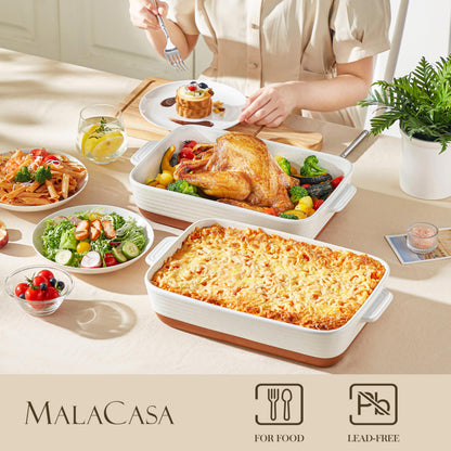 MALACASA 4.5L Ceramic Baking Dish with Handles, 9 x 13 Inches Casserole Dishes, Deep Rectangular Oven Dish, Khaki White Lasagna Pan Bakeware for