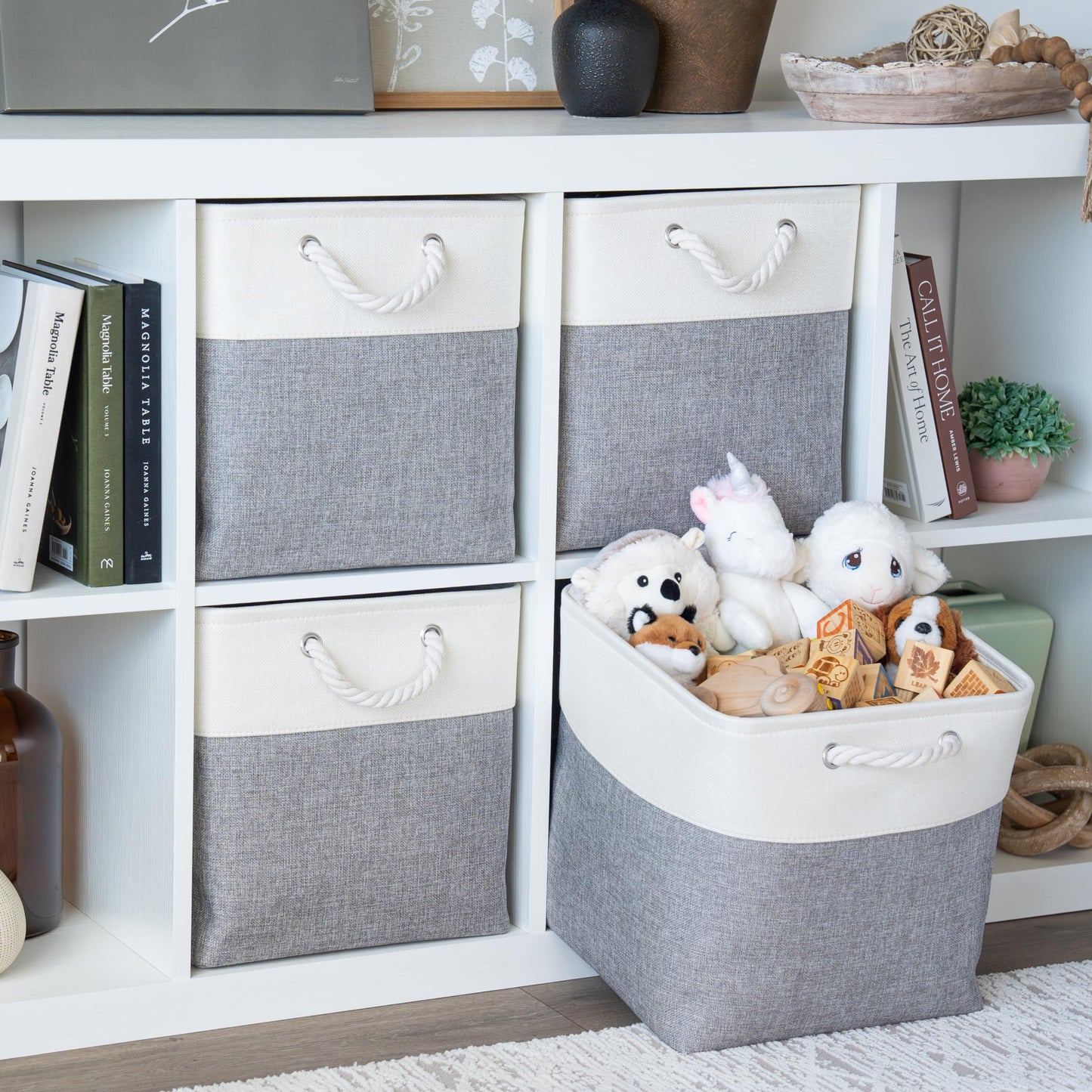 OrganiHaus Fabric Storage Boxes, Set of 4 Foldable 33X33 Cube Organiser Bins with Rope Handles for Shelves, Nursery & Closet