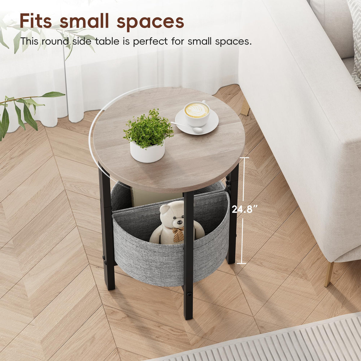 Vagusicc Side Table, Round End Table with Fabric Basket, Small Coffee Table, Set of 2 Half Moon Entry Table, Accent Table Bedside Table