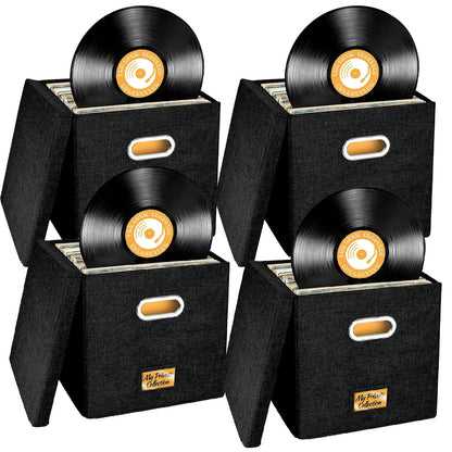 4 PCS 12-inch Vinyl Record Storage Box,Folding LP Case with Lid & Handle