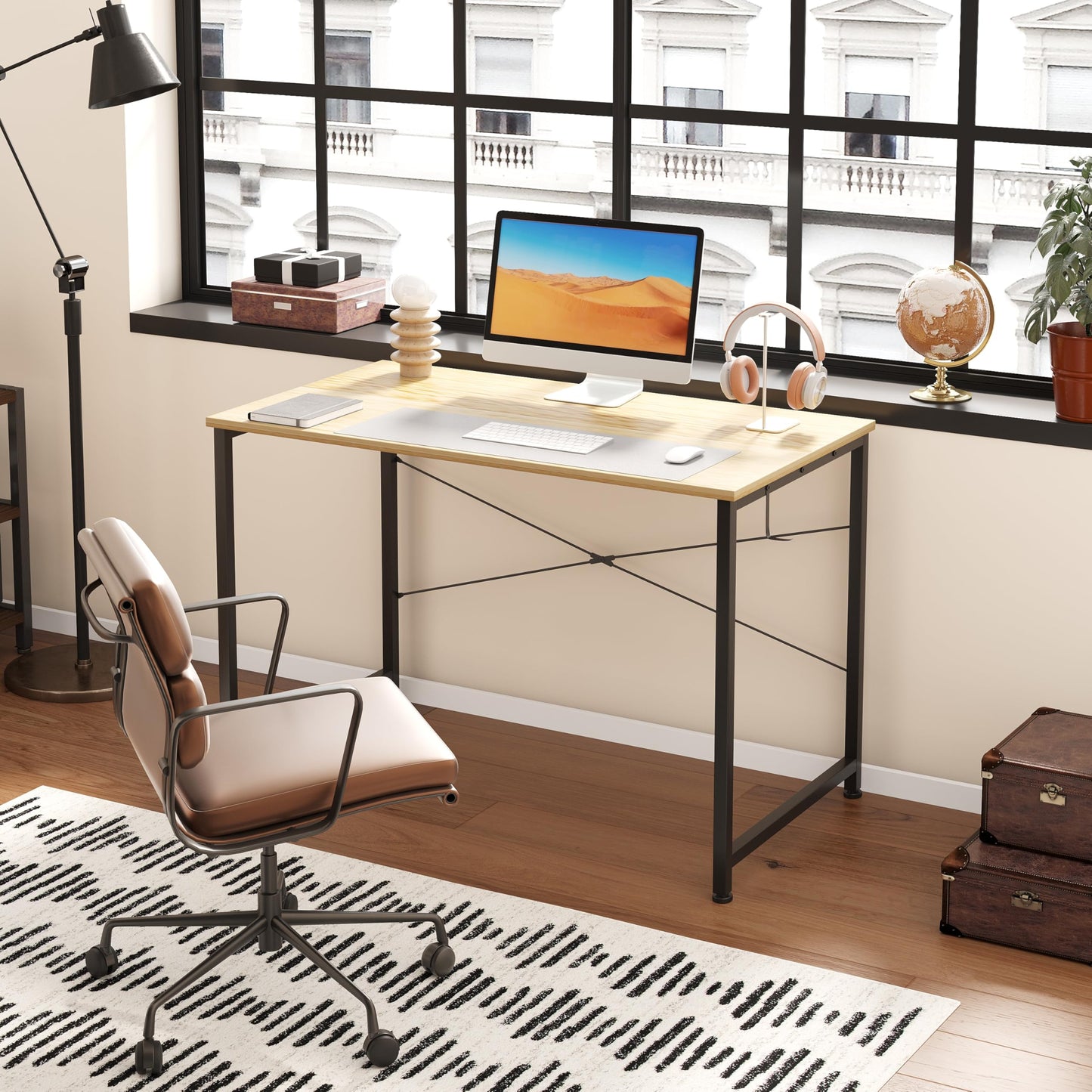 Flrrtenv 80cm Computer Desk, Gaming Desk with Sturdy Metal Frame and X-Shaped Design, Small Office Work Study Desk for Home, Natural