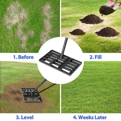 Lawn Leveling Rake, 43 x 25 cm Levelawn Tool with Effort Saving Curved Edge, 5 FT Metal Lawn Leveler Heavy Duty, Move Soil Ground Surfaces Freely,