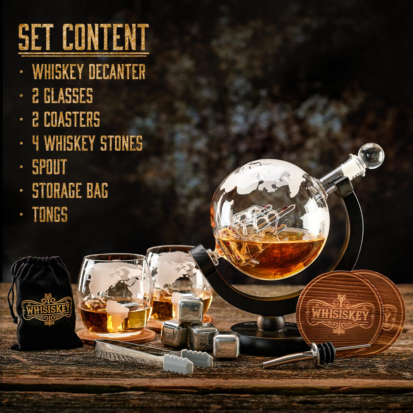 WHISISKEY - Whiskey Decanter Set - 900ML Globe Carafe - Whiskey Gift Sets for Men - Whisky Set - Glass Gifts for Men - Inc. 2 Whiskey Glasses, 4