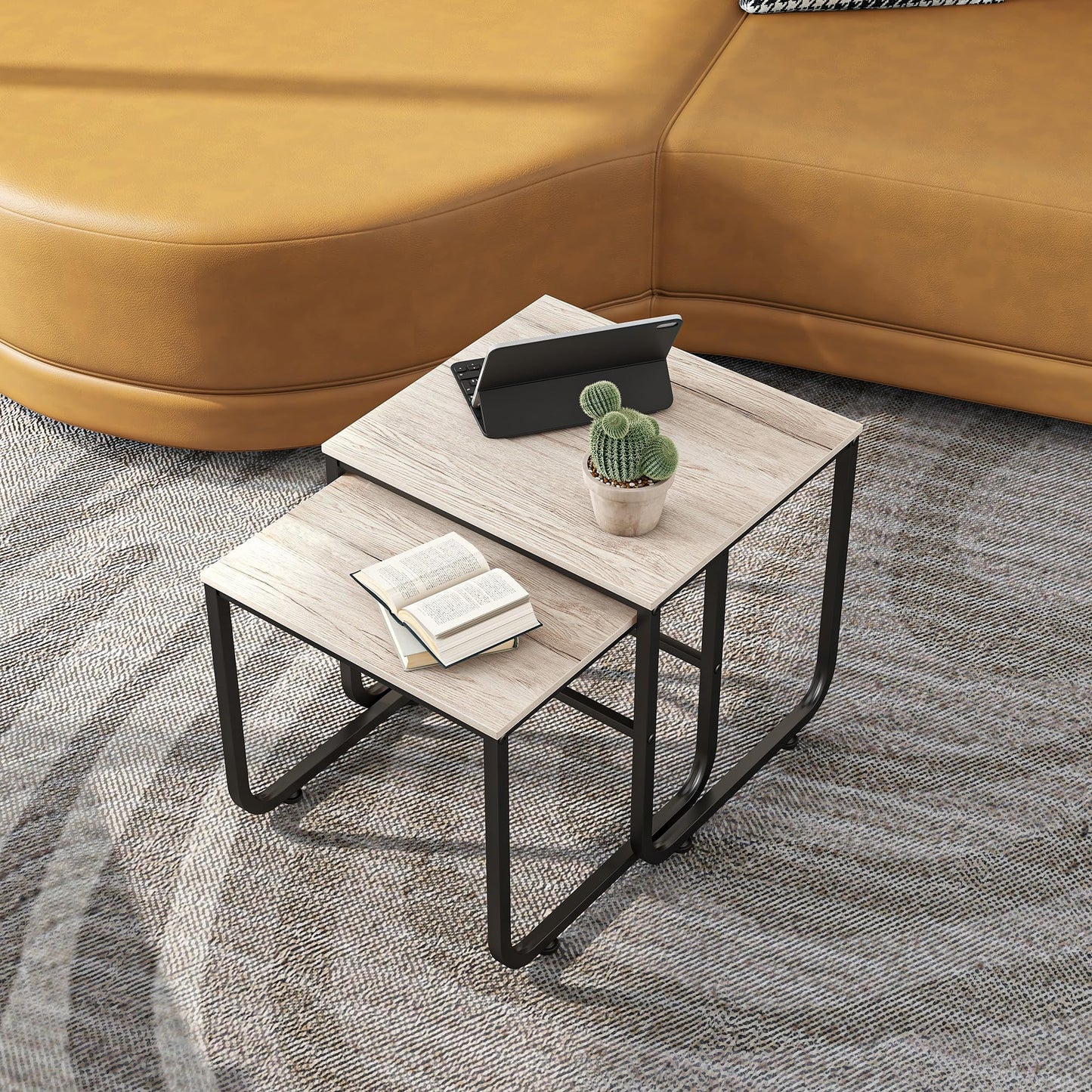 FOUBAM End Tables Set of 2 for Living Room,Small Coffee Table,Nesting Tables Couch Sofa Side Tables Metal Frame/Wood Look for Bedroom Office,Sturdy