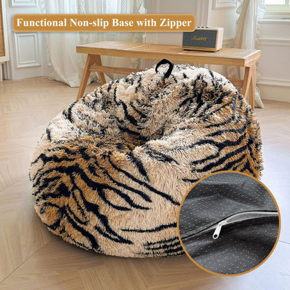 XeGe Soft Faux Fur Tiger Print Bean Bag Chair Cover(No Filler), Tiger Brown