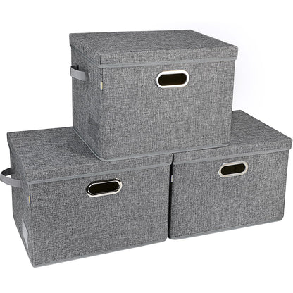 Voova Large Collapsible Storage Bins with Lids,3 Pack Stackable Linen Fabric Cube Storage Organizer,Foldable Closet Storage Boxes Baskets Containers