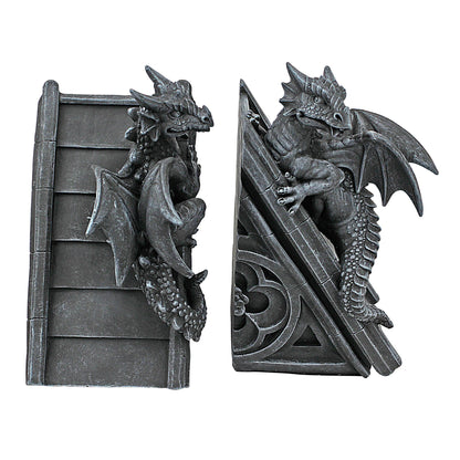 Design Toscano CL55773 Castle Dragon Gothic Decor Decorative Bookend Statues, 20.25 cm, Set of Two , Polyresin, Grey Stone