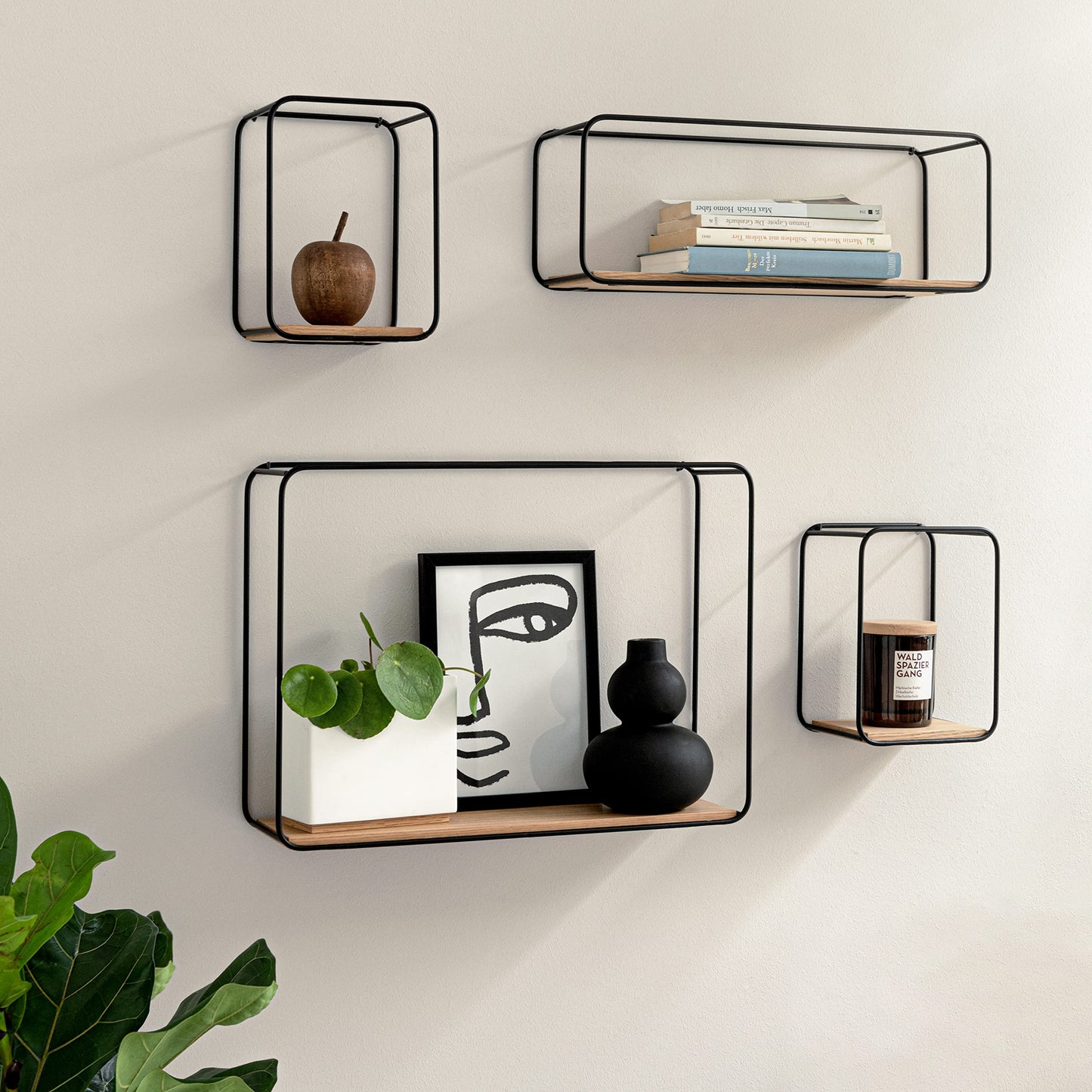 Kazai. Wall Shelves -Jona- | 4-Part Shelving Unit made of Metal and Real Wood Veneer | Wall Decor, Storage and Book Shelf for Bathroom, Living Room