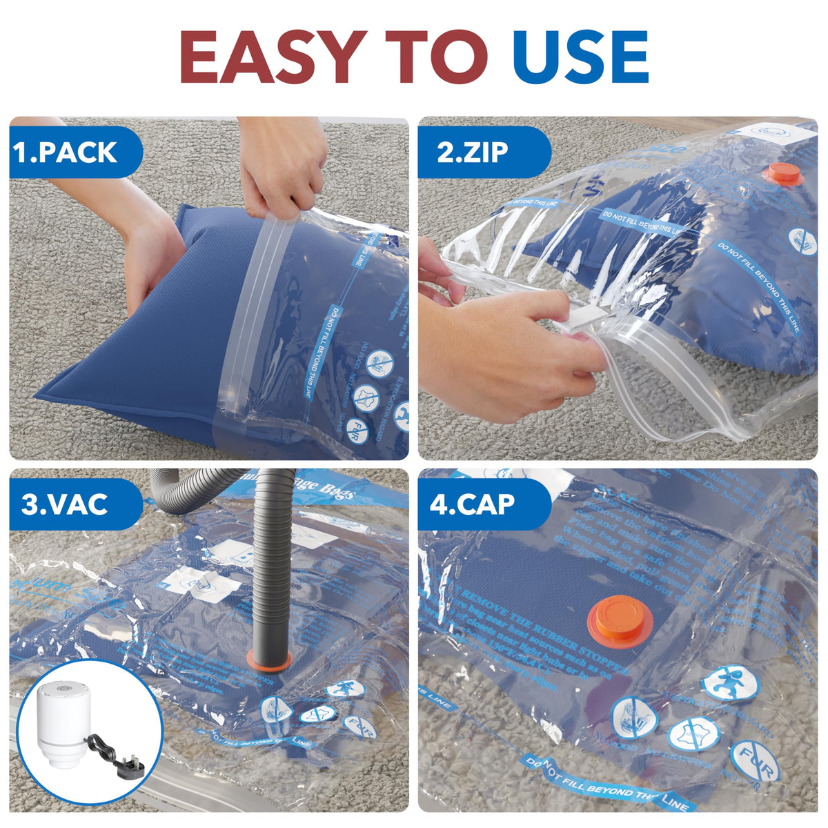 16 Pack Vacuum Storage Bags with Electric Air Pump,4 jumbo, 4 large, 4 midium, 4 small bags Airtight Compression Bags for Clothes, Pillows