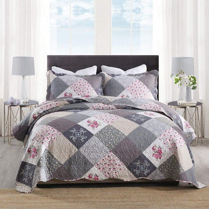 Qucover Bedspread Super King Size Lightweight Soft Microfiber Reversible Patchwork Quilted Bedspread, Elegant Rose Floral and Grey Checked Pattern