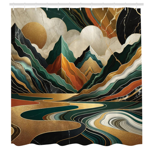 ABAKUHAUS Mid Century Modern Shower Curtain, Groovy Mountains, Cloth Fabric Bathroom Decor Set with Hooks, 175 x 200 cm, Teal Pale Vermilion Pearl