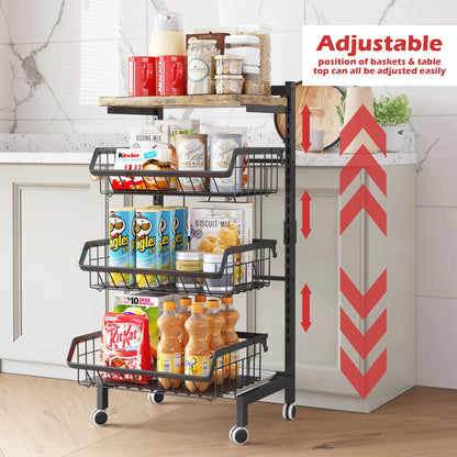 UMDONX Vegetable Storage Rack,kitchen Trolley,Vegetable Trolley on Wheels,4 Tier Kitchen Vegetable Storage Trolley Black Metal 15.4"*12.2"*34.44"