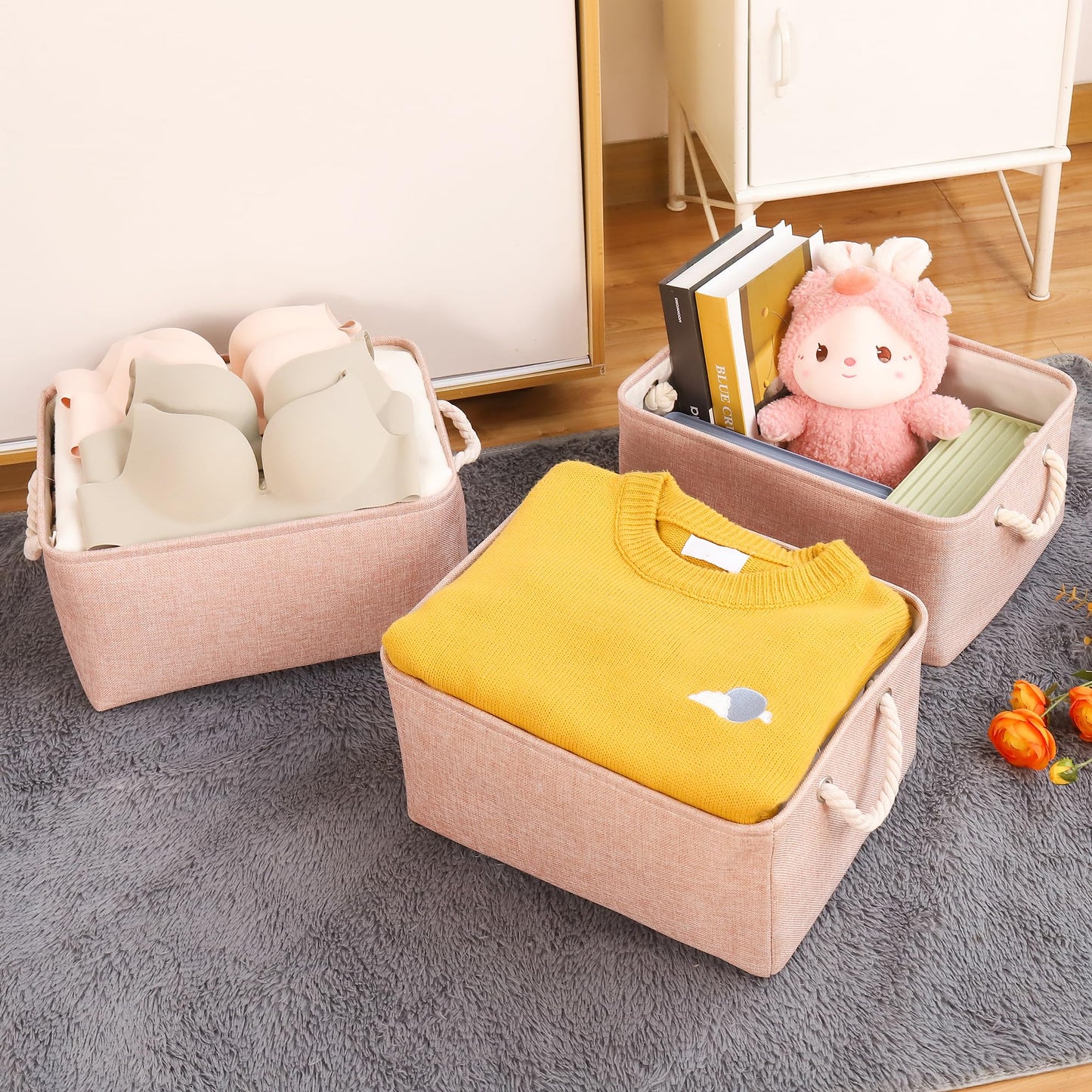 JUNLAI 3 Pcs Storage Baskets with Handles, Foldable Small Pink Storage Boxes, Fabric Wardrobe Storage Basket for Office & Home, Book, Clothes