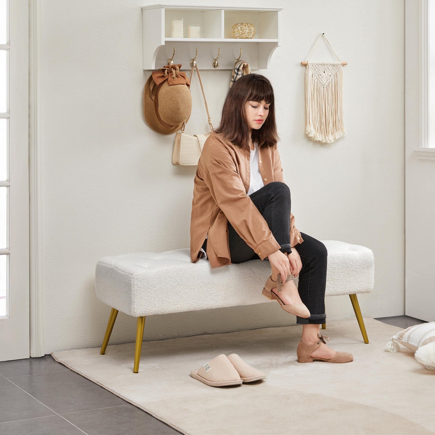 Yaheetech Modern Boucle Ottoman Footstool Bench with Gold Metal Legs, Ivory
