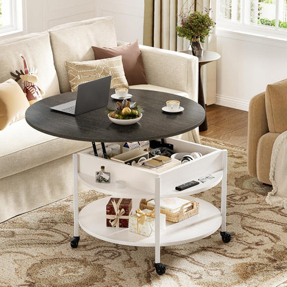 Mossora Round Lift Top Coffee Table with Wheels, Circle Center Table with Storage and Compartment, 68 cm Rolling Coffee Tables for Living Room