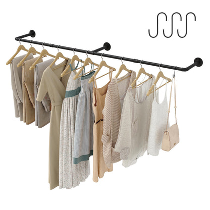Crehomfy Industrial Pipe Clothes Rack with 3 Hooks, 72’'L Wall Mounted Garment Rack, Heavy Duty Iron Garment Bar