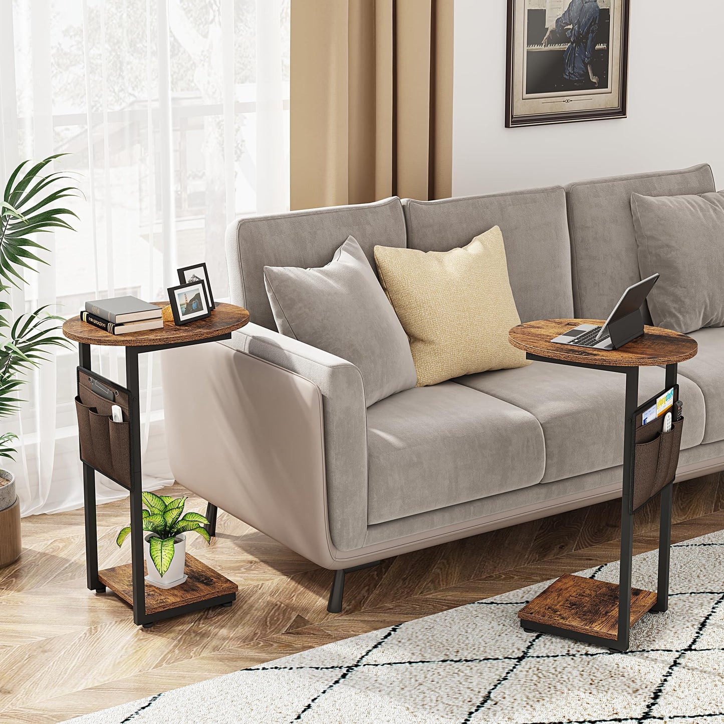 Vagusicc C Shaped End Table, Small Couch Side Tables with Metal Frame that Slide Under Sofa Table TV Tray for Living Room, Bedroom, Rustic Brown