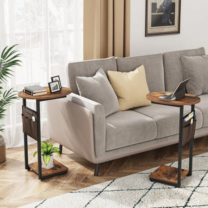 Vagusicc C Shaped End Table, Small Couch Side Tables with Metal Frame that Slide Under Sofa Table TV Tray for Living Room, Bedroom, Rustic Brown
