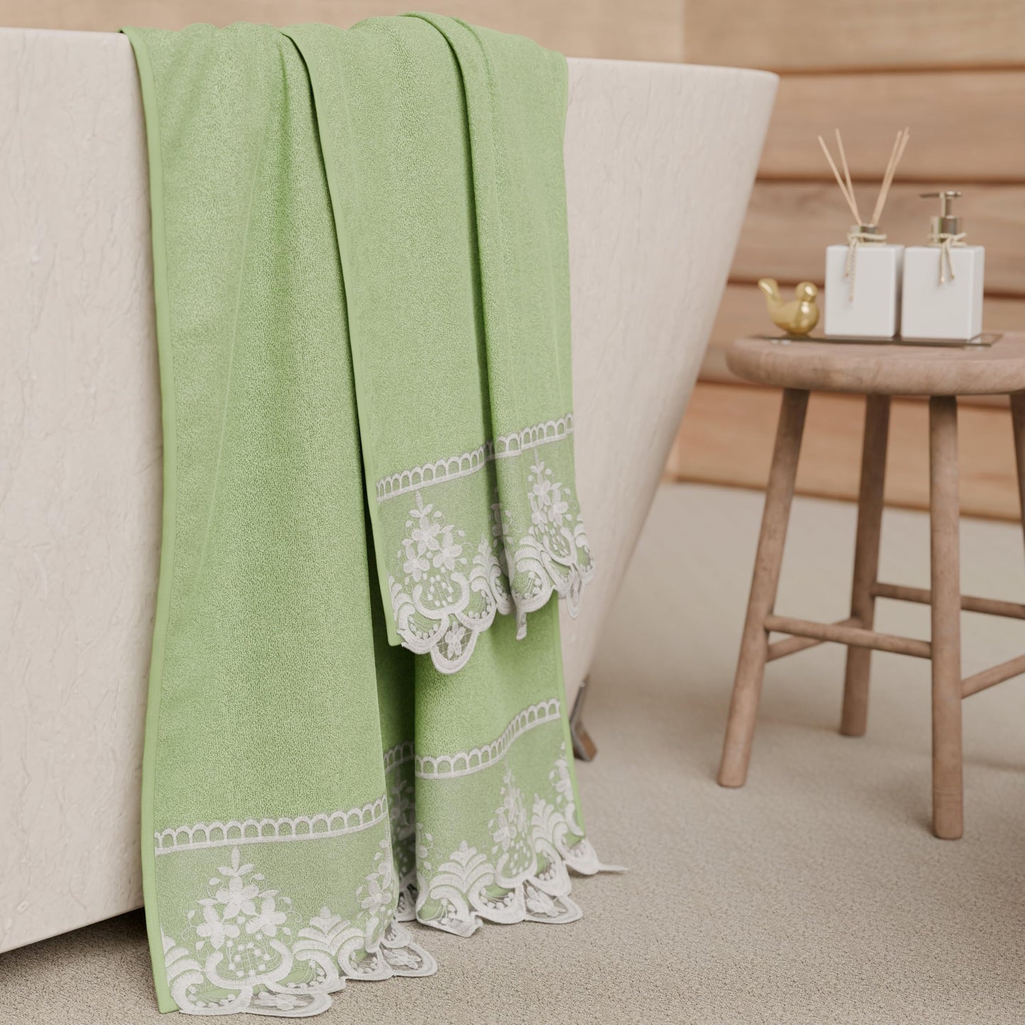 PETTI Artigiani Italiani - 100% Cotton Terry Bath Towels, 1+1 Towel Set, 2 Pieces 1 Face Towel and 1 Hand Towel, Sage Green