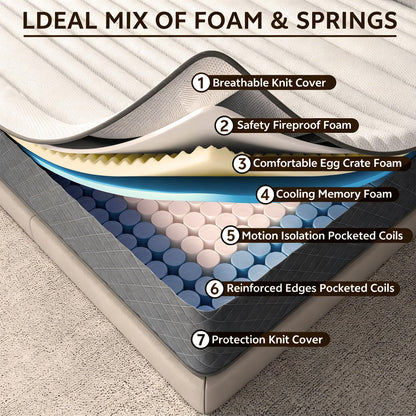 MOLPHIT 12 Inch Double Mattresses, 7-Zone Hybrid Double Bed Mattresses, Memory Foam Mattress with Pocket Sprung with Medium Firm for Body Support &