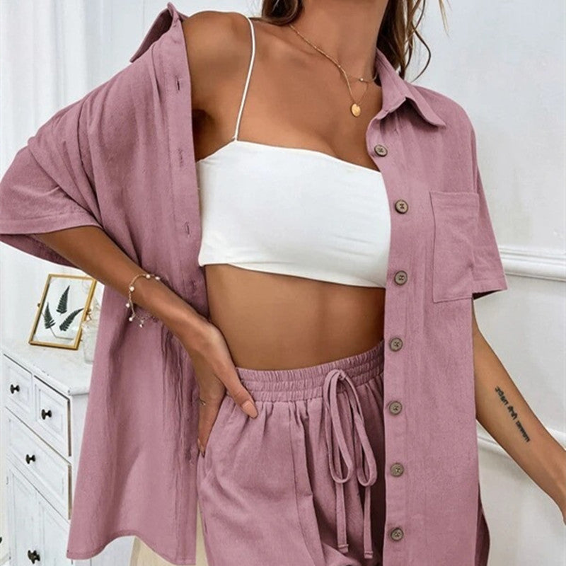 Women's Fashion Shorts Two Pieces Solid Color Shirt Suit
