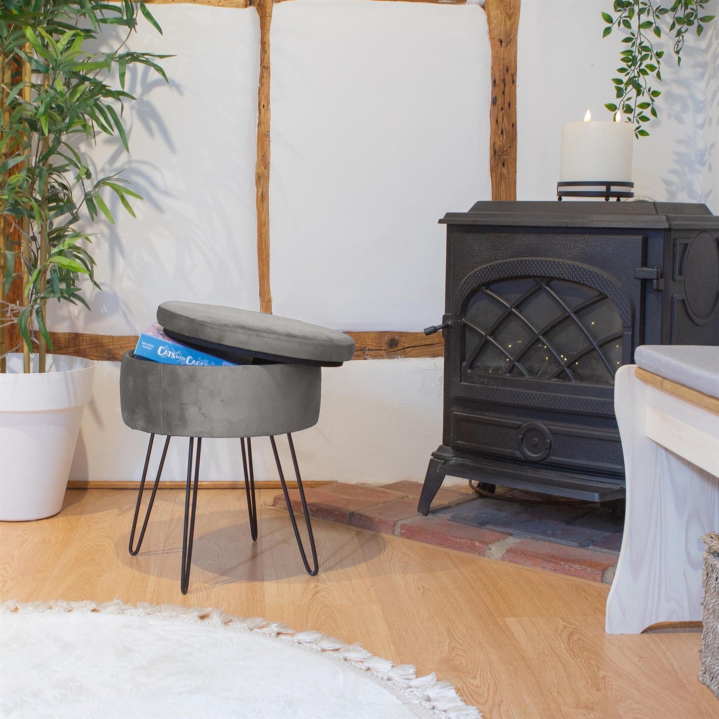 Grey Round Velvet Storage Footstool