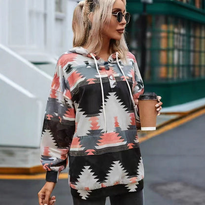 Geometric Pattern Long Sleeve Loose Hooded Button Pocket Sweatshirt