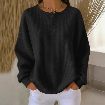 Ins Waffle Long-sleeved T-shirt Fashion Solid Color Buttons Round Neck Pullover Top Women's Clothing