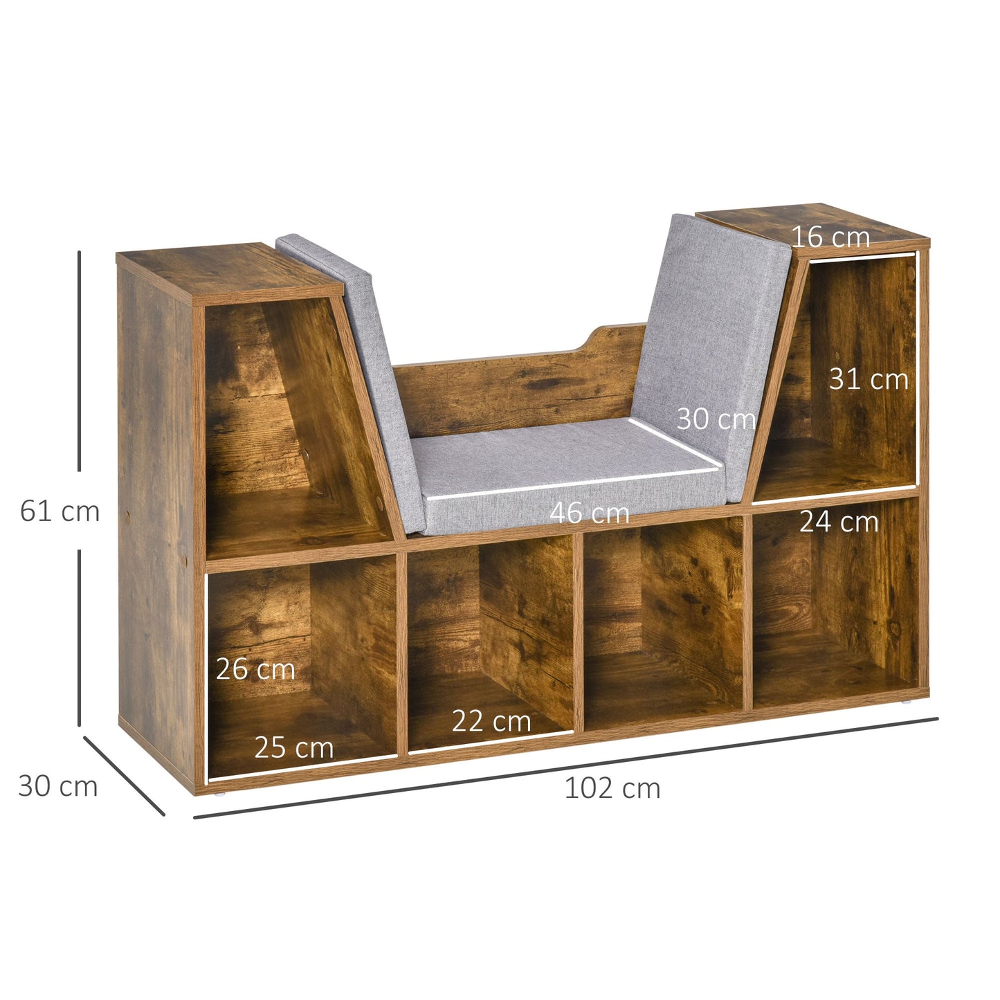 Bookcase Storage Reading Seat Unit Kids Adults Six Cubes Brown