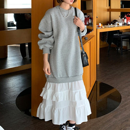 Idle Style Color Contrast Patchwork Ruffled Sweater Dress Women