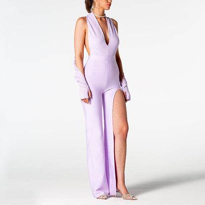 Summer Backless Halter V-neck Slimming Backless Slit Jumpsuit