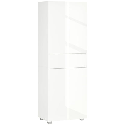 HOMCOM 4-Door Kitchen Cupboard, Freestanding 5-Tier Storage Cabinet with 3 Adjustable Shelves, 2 Drawers for Living Room, Dining Room, Push to Open Design, High Gloss White