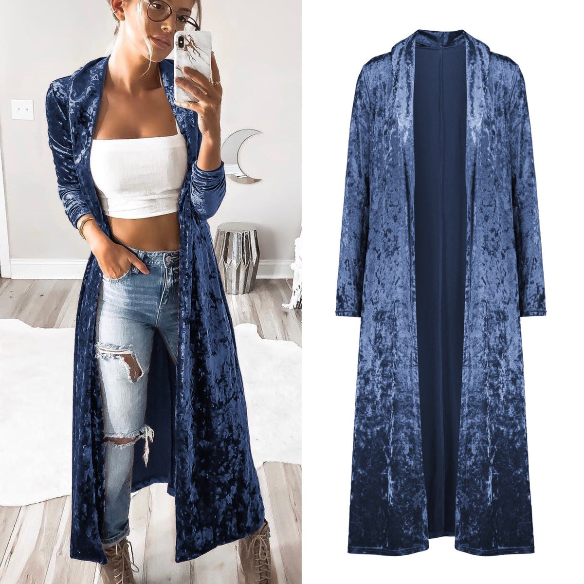 Long sleeve plus length velvet trench coat