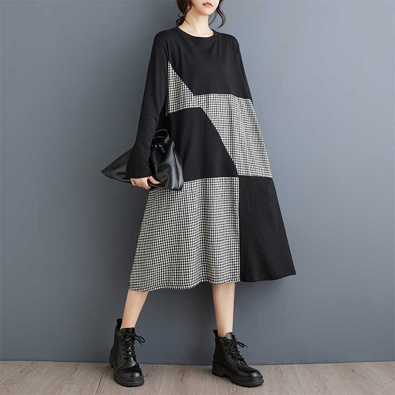 New Plaid Patchwork Loose-fitting Casual Dress