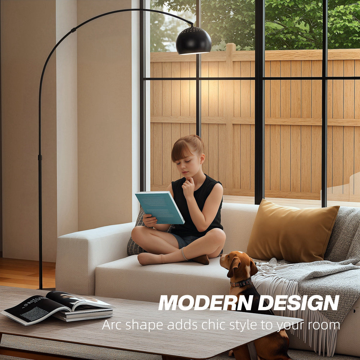 HOMCOM Arc Floor Lamp for Living Room, Modern Adjustable Standing Lamp with Faux Black Marble Base Black