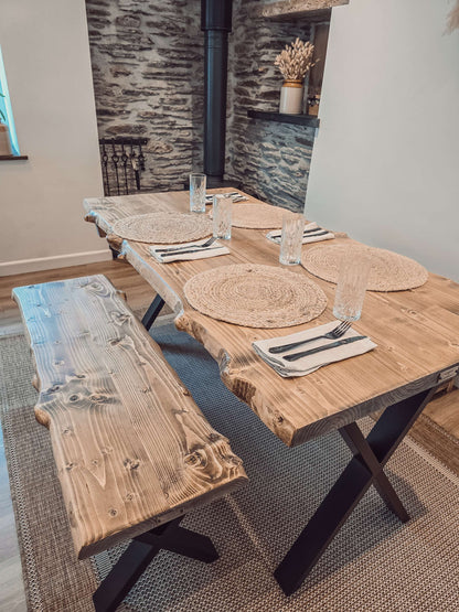 Live / Waney Edge Dining Table With X Cross Metal Legs