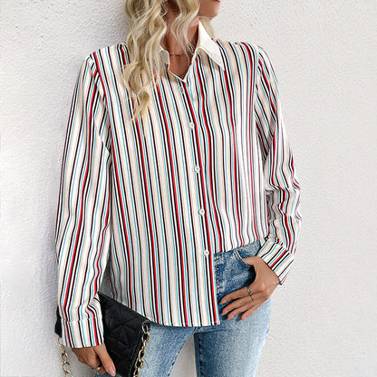Lapel Color Vertical Striped Shirt For Women
