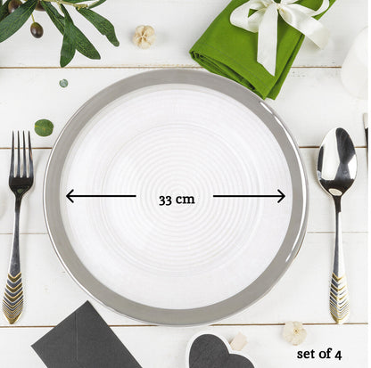 Ida Set of Four 33cm Dia Embossed Charger Plates with Silver Rim